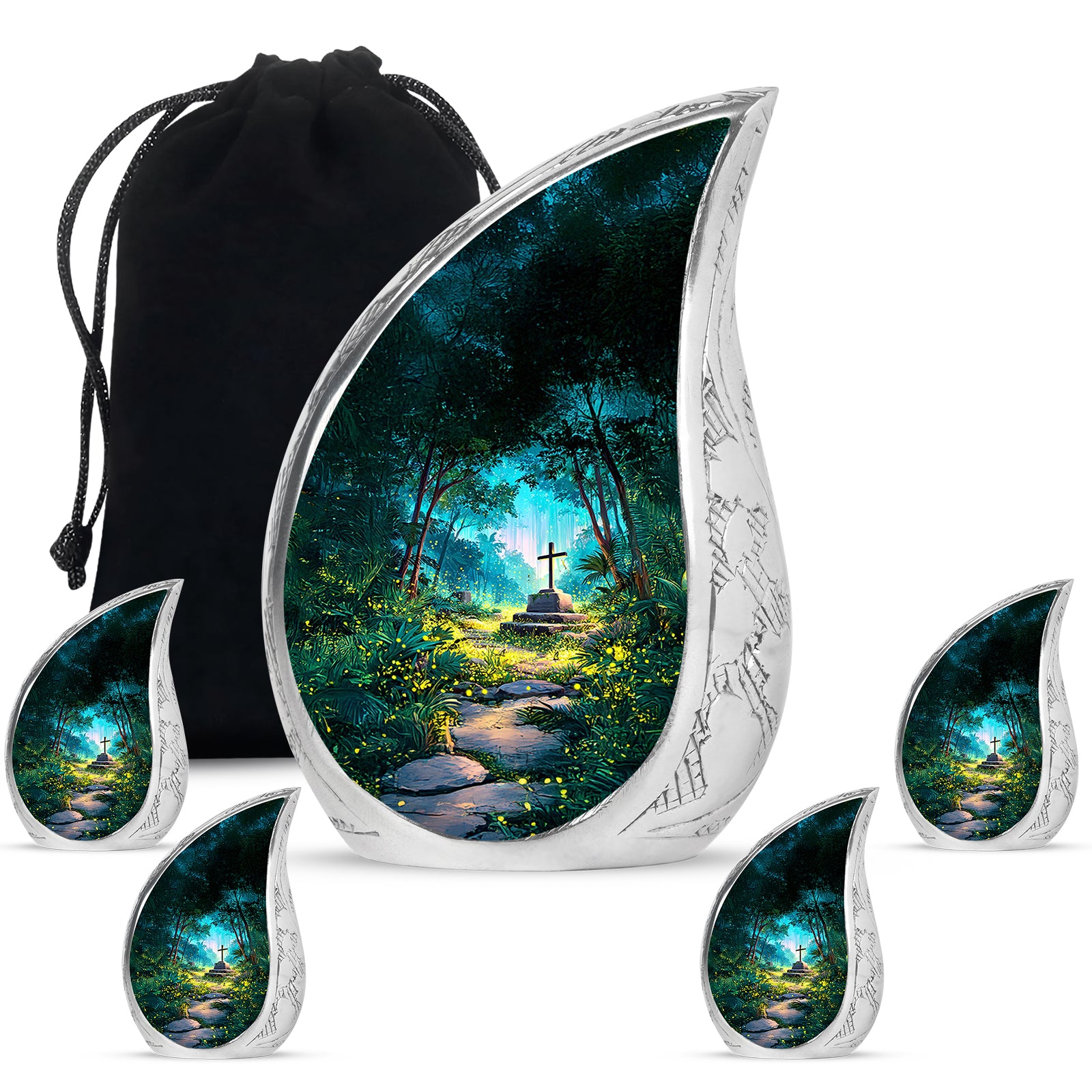 Ocean Teal Cross Cremation Urn side profile showing urn shape - rounded teardrop cross design with delicate detail - memorial set with one large and four small urns