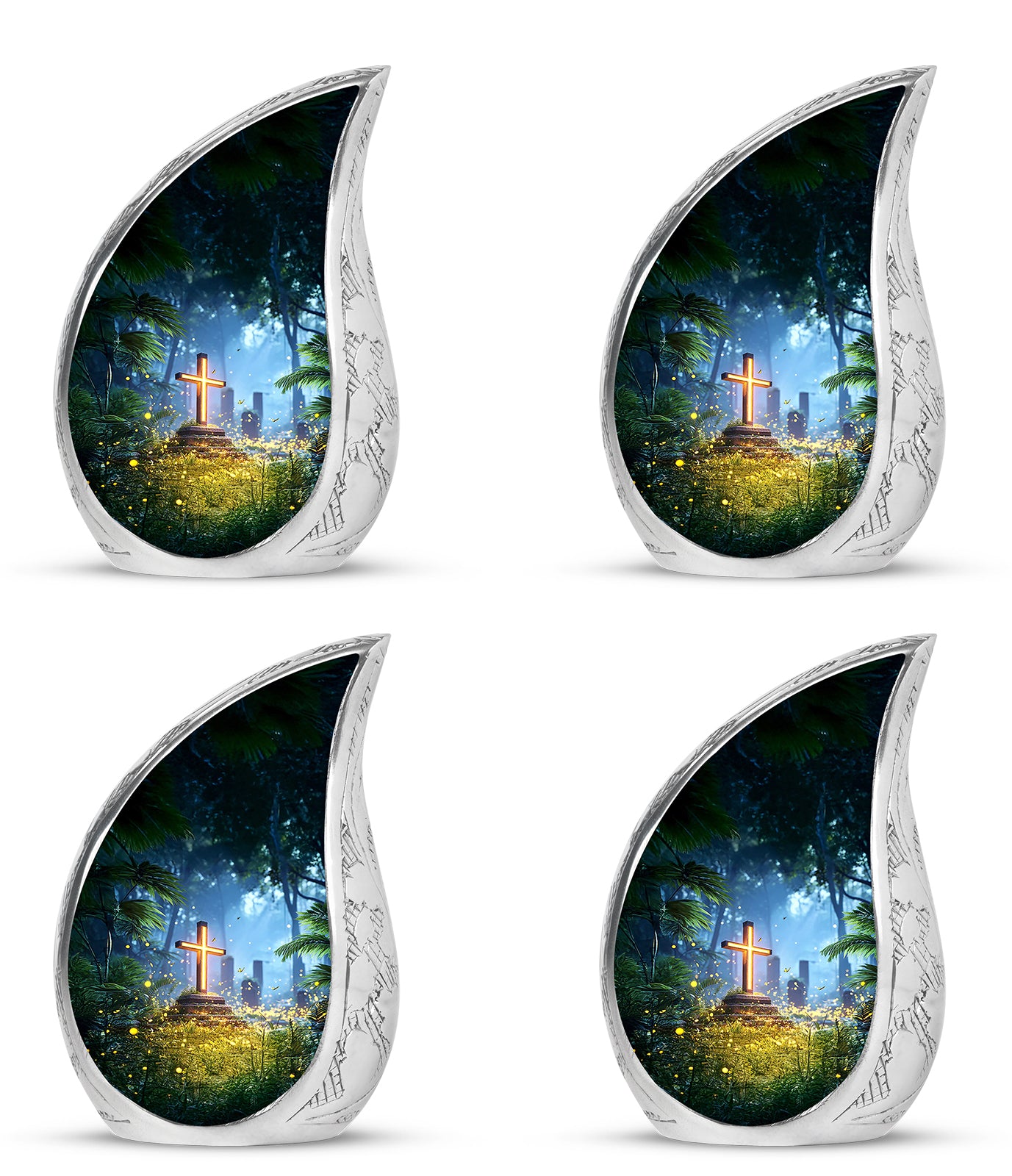 Icy Blue Cross Cremation Urn close-up of engraving and surface detail - flowing teardrop cross silhouette on curved aluminum - 10 inch aluminum urn for cremated remains