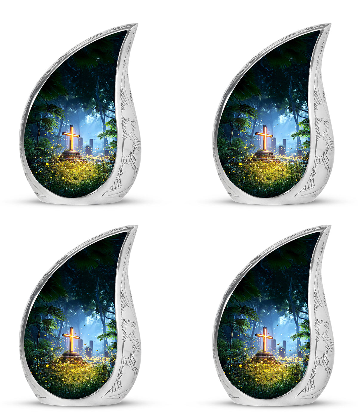 Icy Blue Cross Cremation Urn close-up of engraving and surface detail - flowing teardrop cross silhouette on curved aluminum - 10 inch aluminum urn for cremated remains