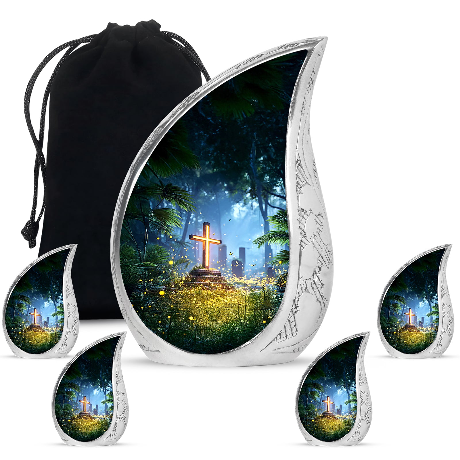 Bright Blue Cross Cremation Urn side profile showing urn shape - smooth teardrop contour featuring cross art - memorial set with one large and four small urns
