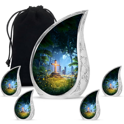 Bright Blue Cross Cremation Urn side profile showing urn shape - smooth teardrop contour featuring cross art - memorial set with one large and four small urns