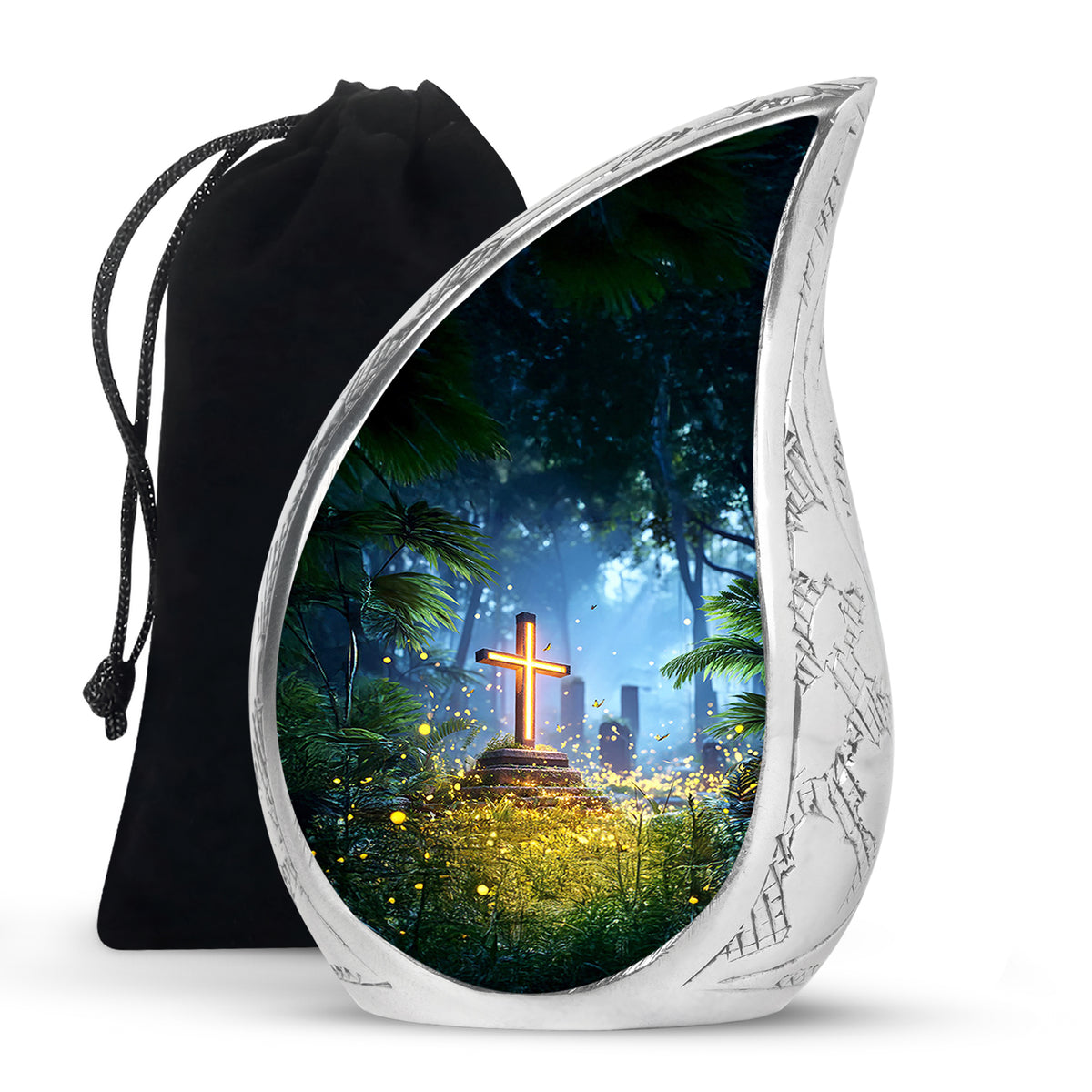 Steel Blue Cross Cremation Urn front view showing detailed design - smooth teardrop contour featuring cross art - full-size 10 inch 200 cubic inch adult cremation urn