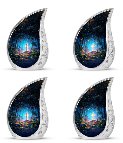 Calming Blue Cross Cremation Urn close-up of engraving and surface detail - graceful tear-shaped urn with cross motif - 10 inch aluminum urn for cremated remains