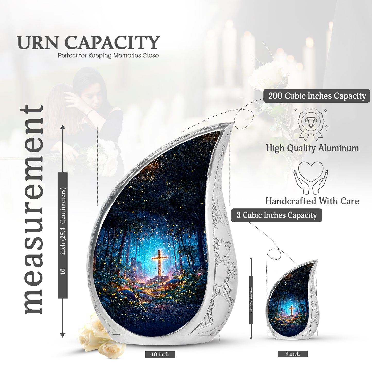 Celestial Blue Cross Cremation Urn angled view of lid and engraved motif - flowing teardrop cross silhouette on curved aluminum - mini keepsake memorial for portion of cremation ashes