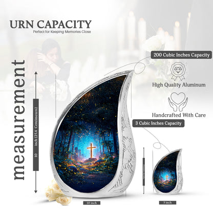 Celestial Blue Cross Cremation Urn angled view of lid and engraved motif - flowing teardrop cross silhouette on curved aluminum - mini keepsake memorial for portion of cremation ashes