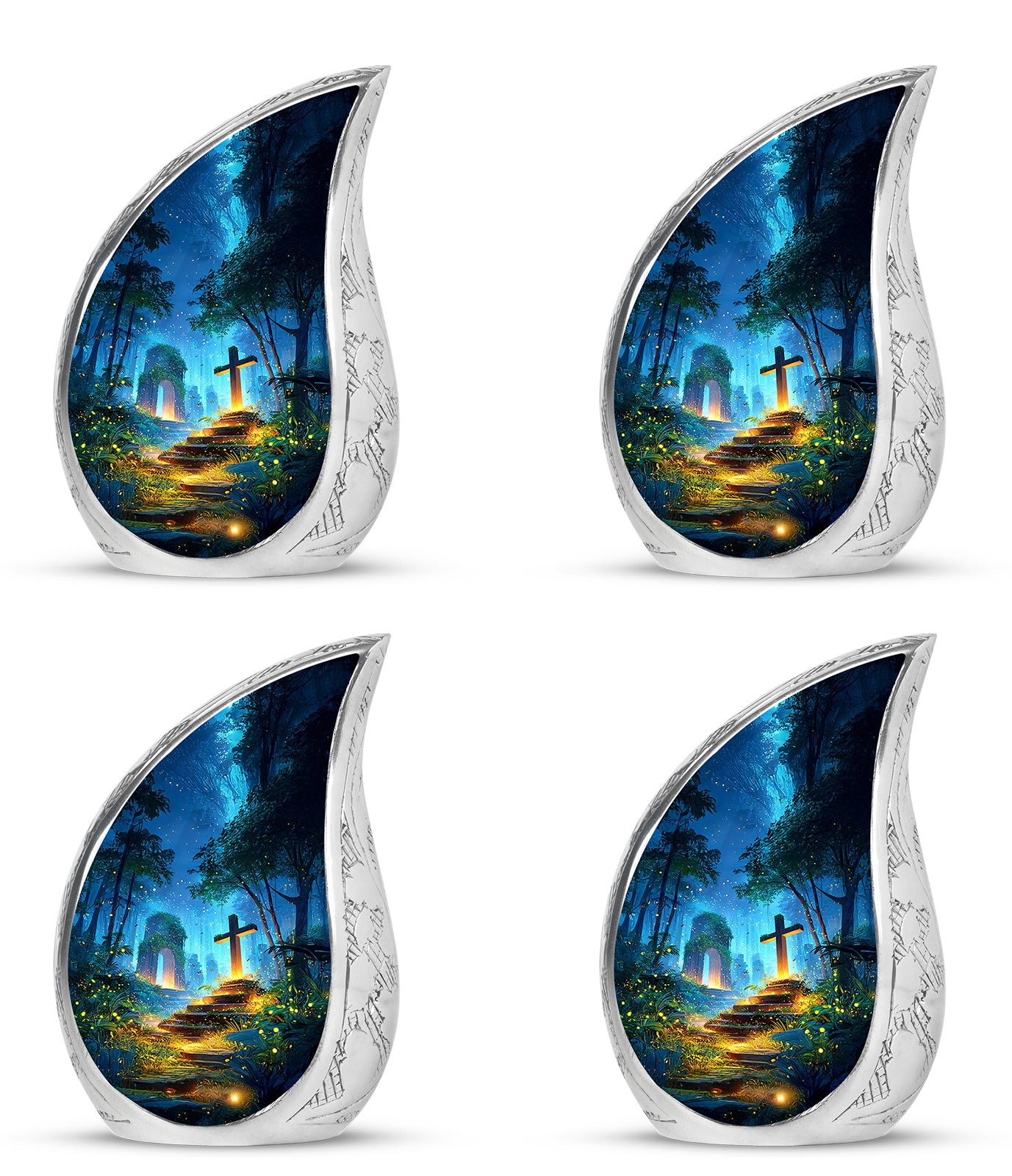 Powder Blue Cross Cremation Urn close-up of engraving and surface detail - flowing teardrop cross silhouette on curved aluminum - 10 inch aluminum urn for cremated remains