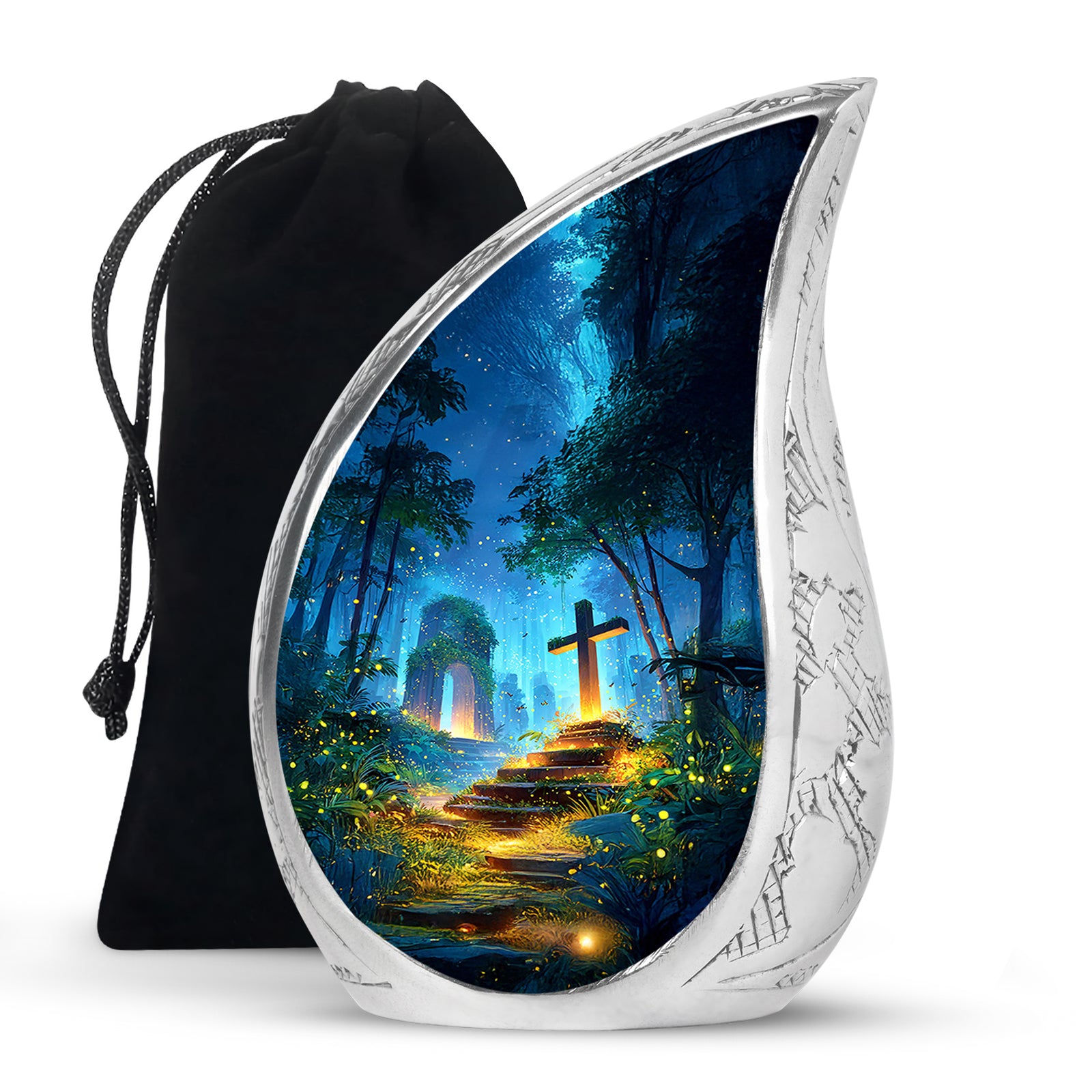 Misty Blue Cross Cremation Urn front view showing detailed design - flowing teardrop cross silhouette on curved aluminum - full-size 10 inch 200 cubic inch adult cremation urn