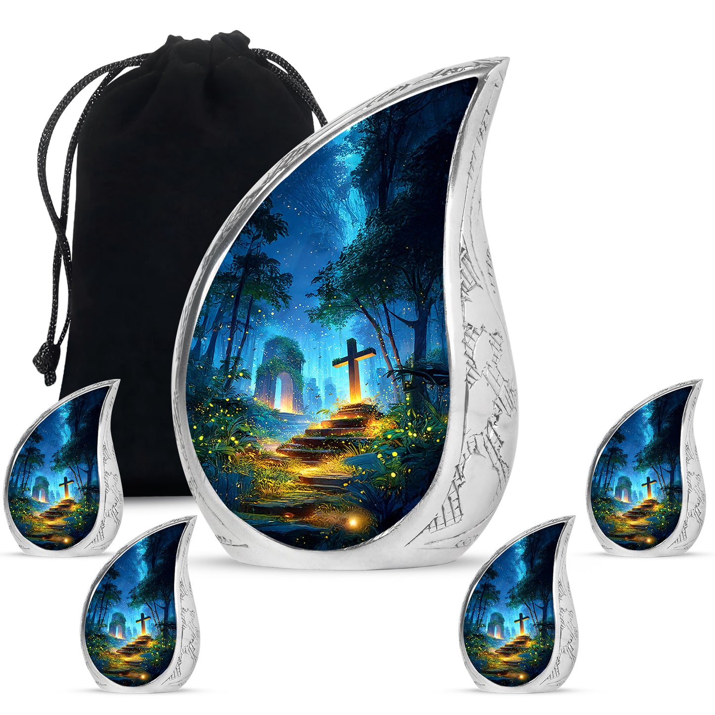 Twilight Blue Cross Cremation Urn side profile showing urn shape - graceful tear-shaped urn with cross motif - memorial set with one large and four small urns