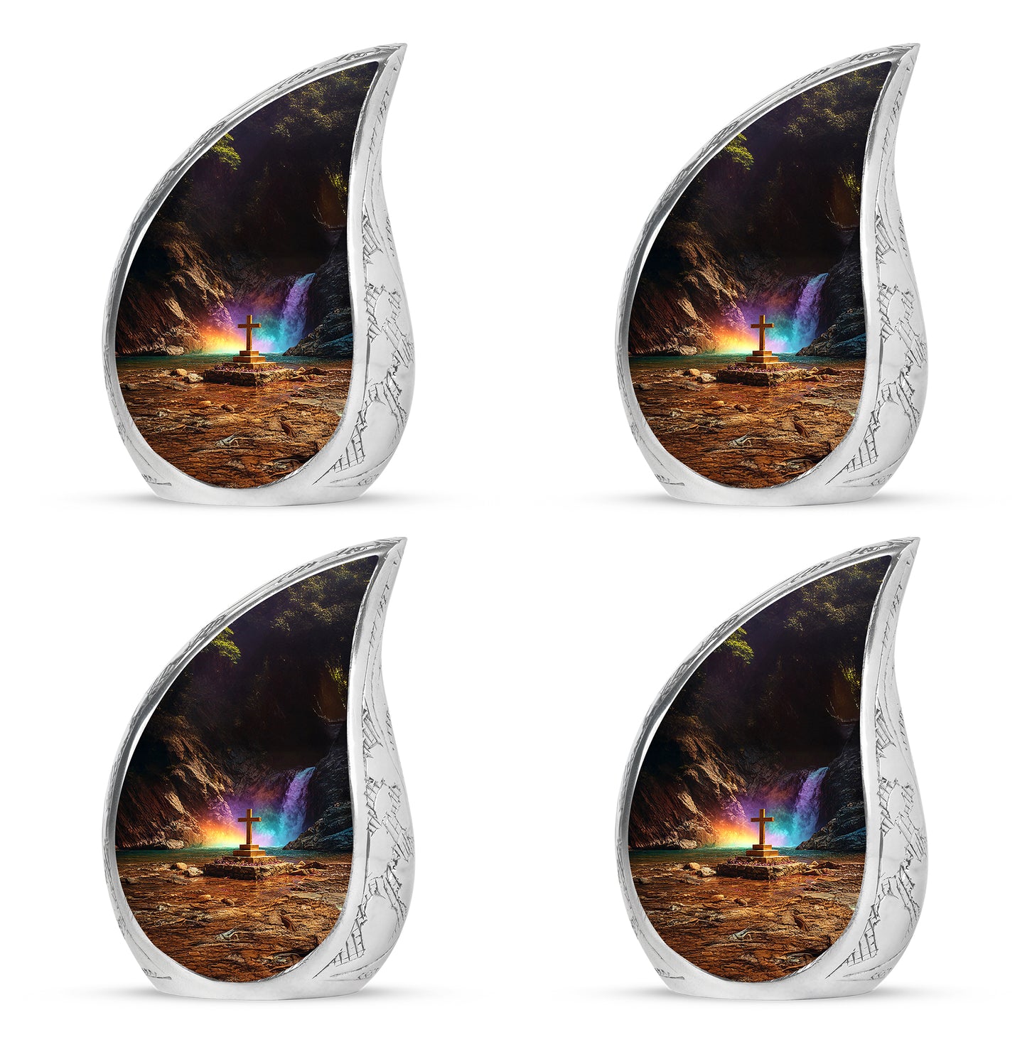 Ebony Cross Cremation Urn close-up of engraving and surface detail - flowing teardrop cross silhouette on curved aluminum - 10 inch aluminum urn for cremated remains