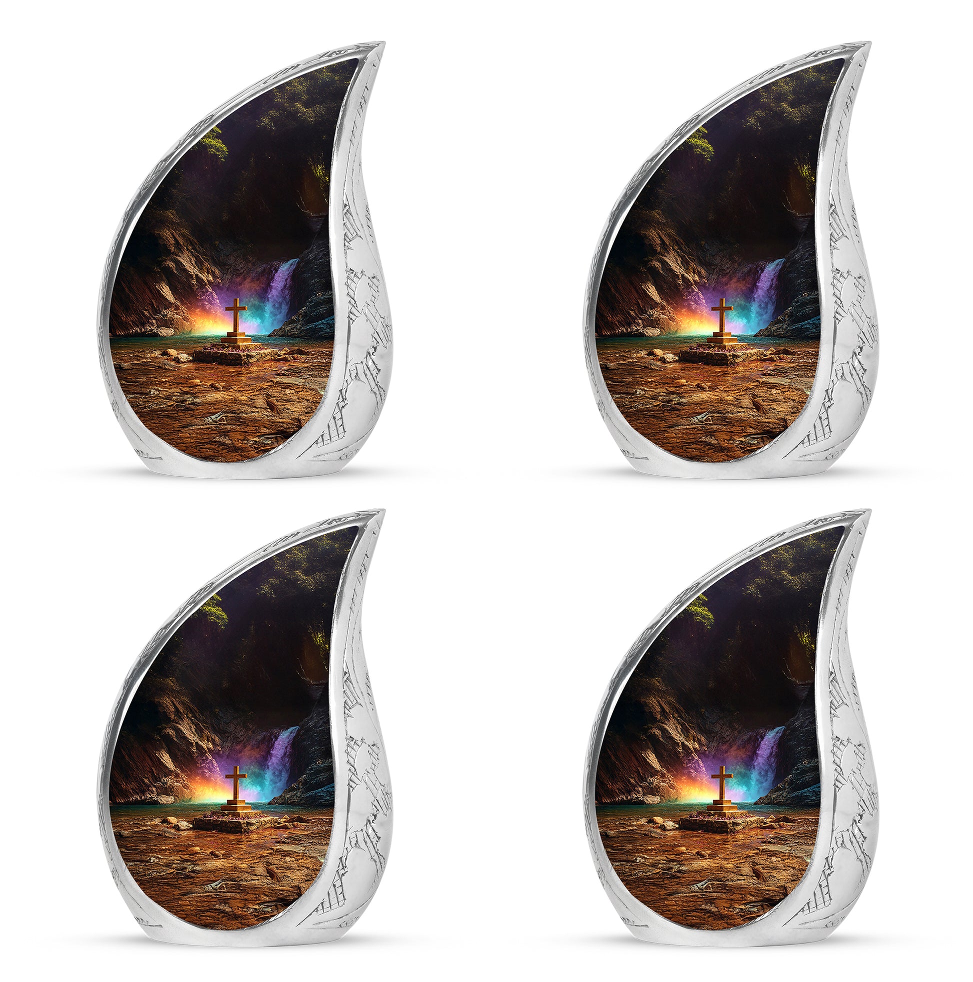 Ebony Cross Cremation Urn close-up of engraving and surface detail - flowing teardrop cross silhouette on curved aluminum - 10 inch aluminum urn for cremated remains
