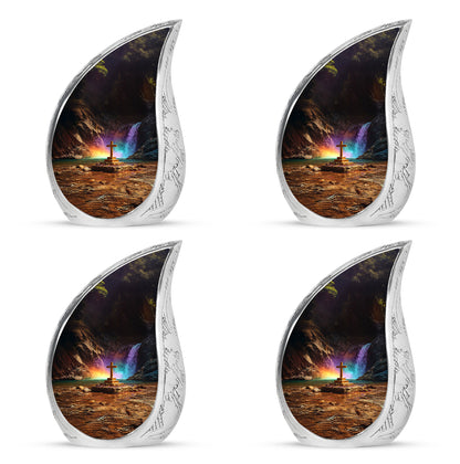 Ebony Cross Cremation Urn close-up of engraving and surface detail - flowing teardrop cross silhouette on curved aluminum - 10 inch aluminum urn for cremated remains