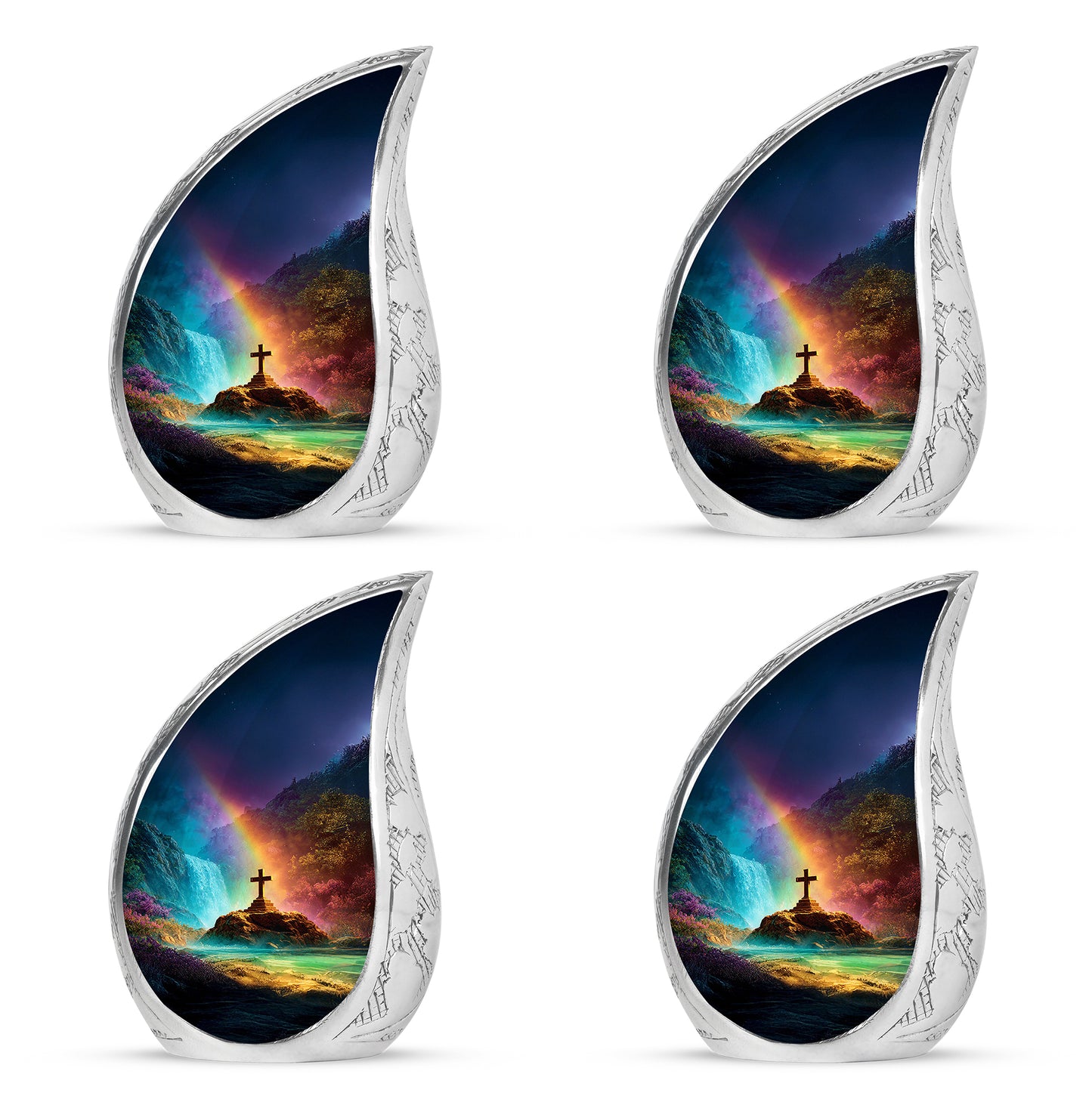 Deep Purple Cross Cremation Urn close-up of engraving and surface detail - flowing teardrop cross silhouette on curved aluminum - 10 inch aluminum urn for cremated remains