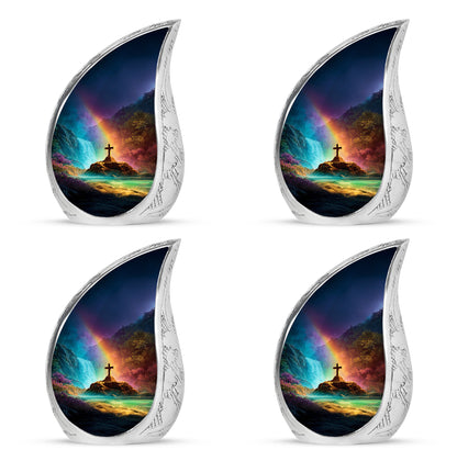 Deep Purple Cross Cremation Urn close-up of engraving and surface detail - flowing teardrop cross silhouette on curved aluminum - 10 inch aluminum urn for cremated remains
