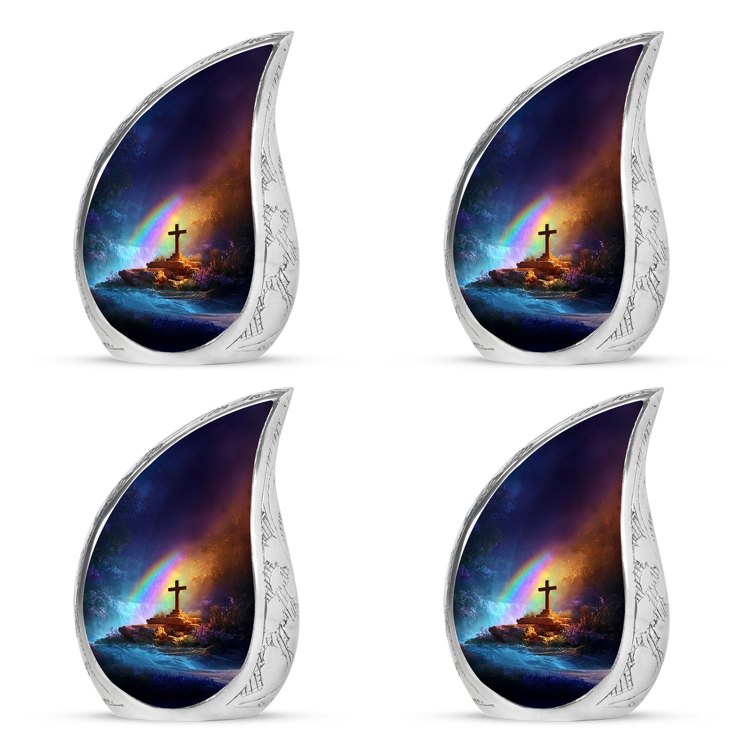 Rose Pink Cross Cremation Urn close-up of engraving and surface detail - flowing teardrop cross silhouette on curved aluminum - 10 inch aluminum urn for cremated remains