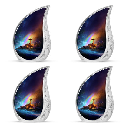 Rose Pink Cross Cremation Urn close-up of engraving and surface detail - flowing teardrop cross silhouette on curved aluminum - 10 inch aluminum urn for cremated remains