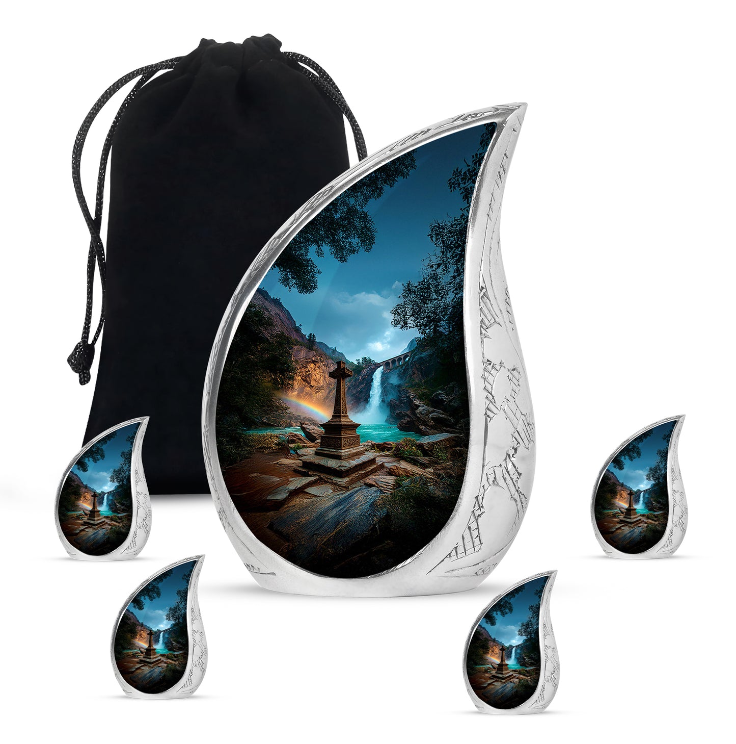Icy Blue Cross Cremation Urn side profile showing urn shape - flowing teardrop cross silhouette on curved aluminum - memorial set with one large and four small urns
