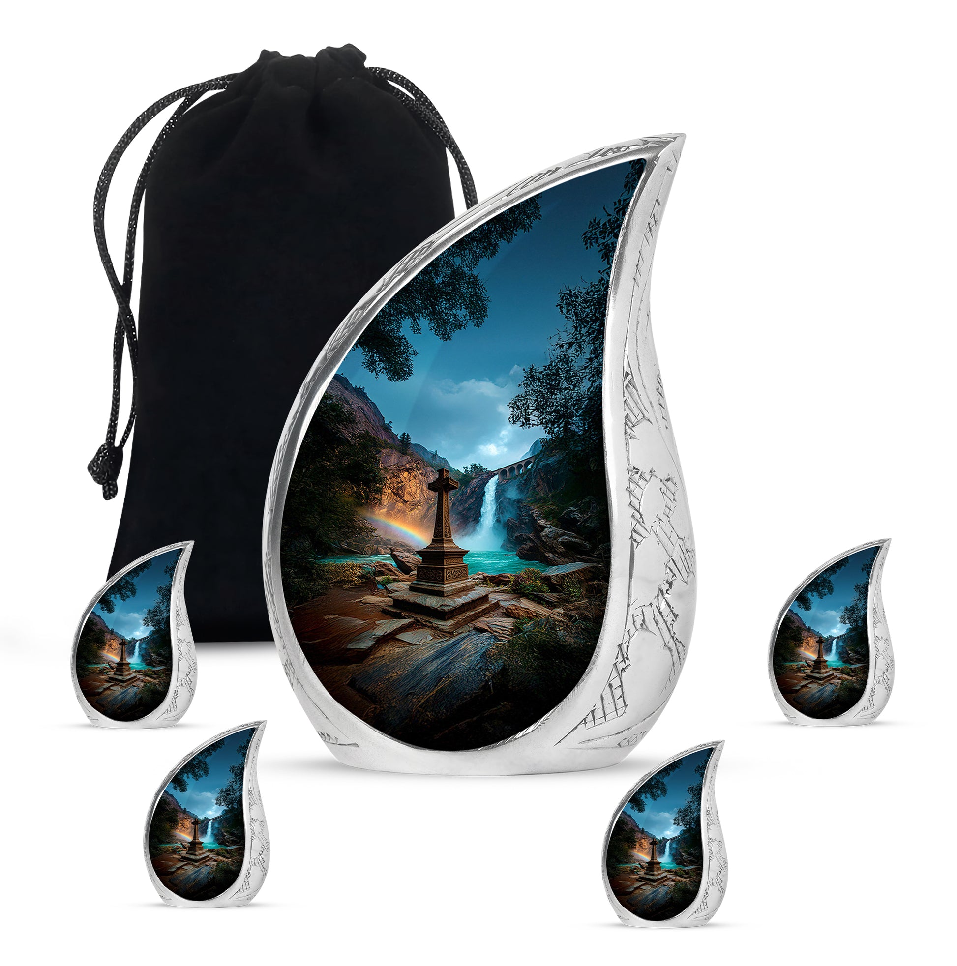 Icy Blue Cross Cremation Urn side profile showing urn shape - flowing teardrop cross silhouette on curved aluminum - memorial set with one large and four small urns