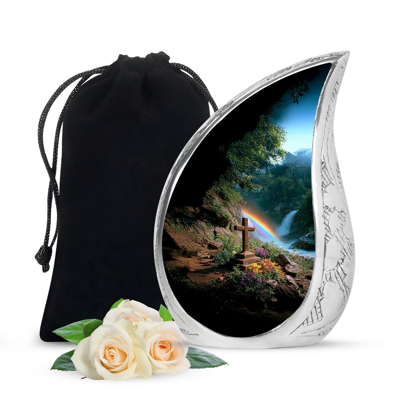 Verdant Green Cross Cremation Urn front view showing detailed design - flowing teardrop cross silhouette on curved aluminum - full-size 10 inch 200 cubic inch adult cremation urn