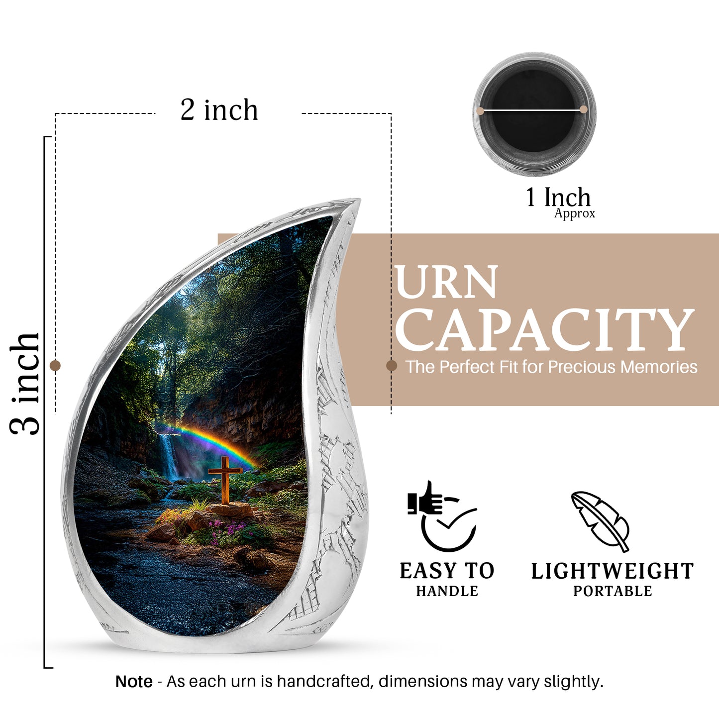 Midnight Black Cross Cremation Urn angled view of lid and engraved motif - smooth teardrop contour featuring cross art - mini keepsake memorial for portion of cremation ashes