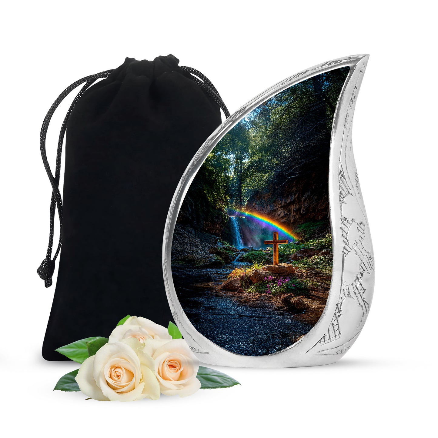 Rich Black Cross Cremation Urn front view showing detailed design - rounded teardrop cross design with delicate detail - full-size 10 inch 200 cubic inch adult cremation urn
