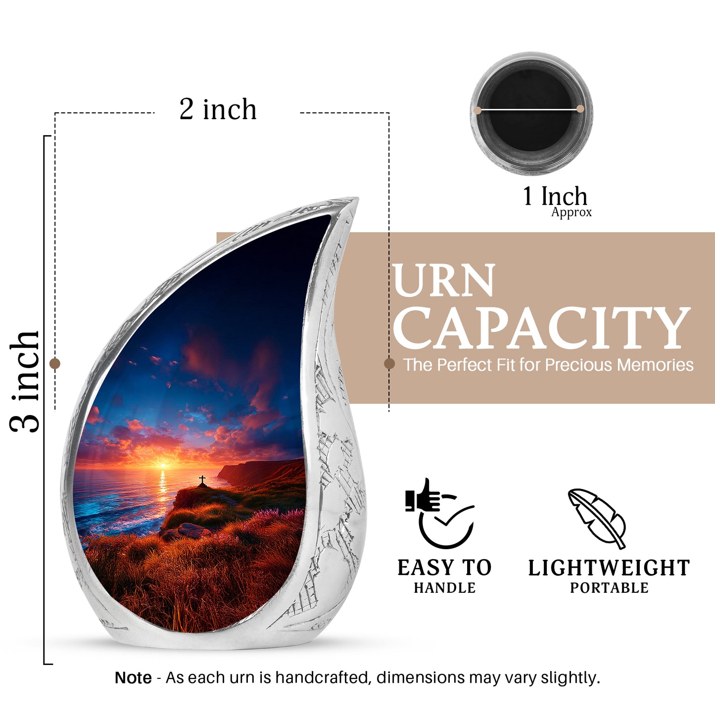 Slate Blue Cross Cremation Urn angled view of lid and engraved motif - rounded teardrop cross design with delicate detail - mini keepsake memorial for portion of cremation ashes
