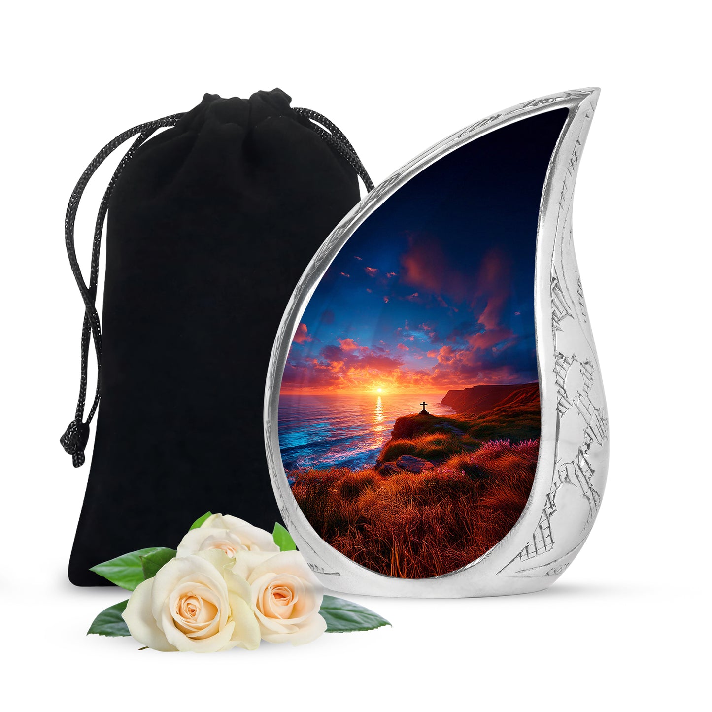 Steel Blue Cross Cremation Urn front view showing detailed design - smooth teardrop contour featuring cross art - full-size 10 inch 200 cubic inch adult cremation urn