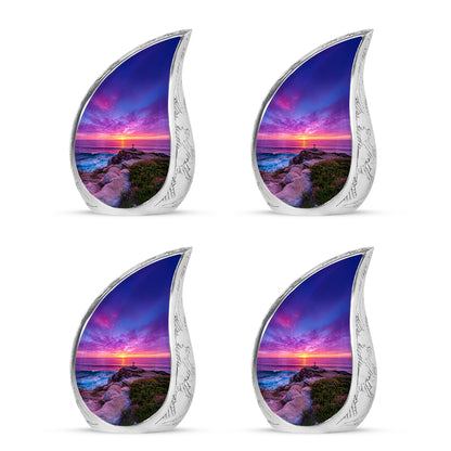 Cobalt Blue Cross Cremation Urn close-up of engraving and surface detail - smooth teardrop contour featuring cross art - 10 inch aluminum urn for cremated remains