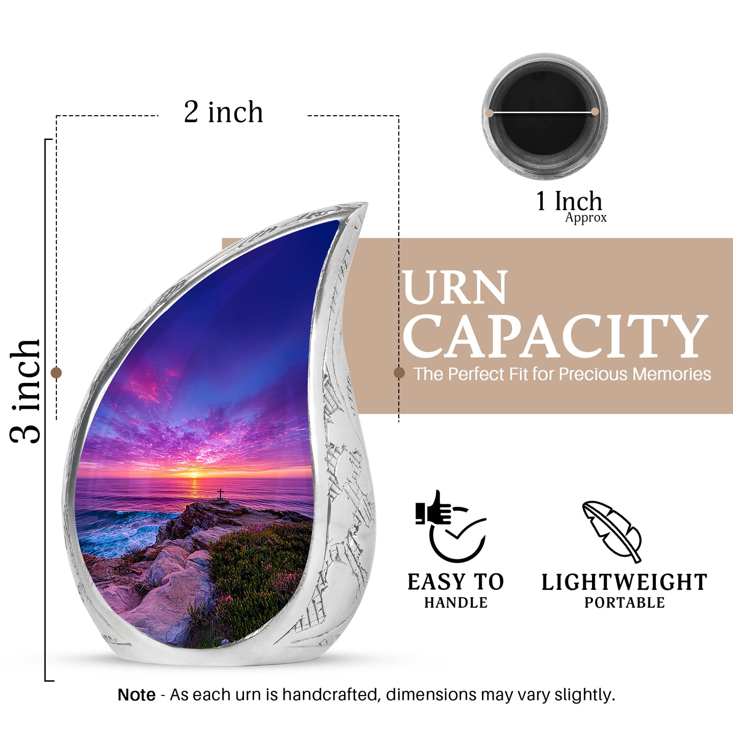Calming Blue Cross Cremation Urn angled view of lid and engraved motif - graceful tear-shaped urn with cross motif - mini keepsake memorial for portion of cremation ashes