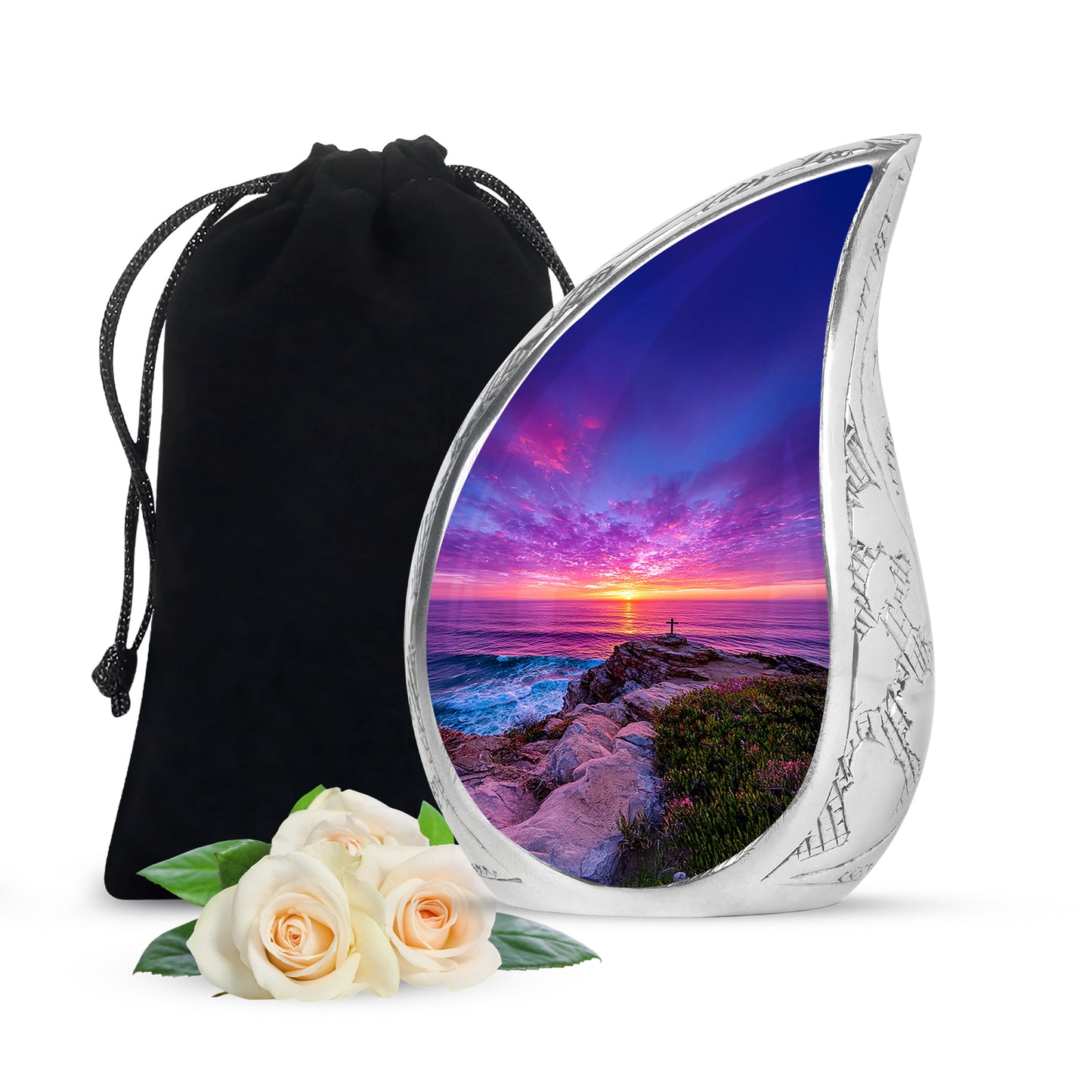 Cornflower Blue Cross Cremation Urn front view showing detailed design - smooth teardrop contour featuring cross art - full-size 10 inch 200 cubic inch adult cremation urn