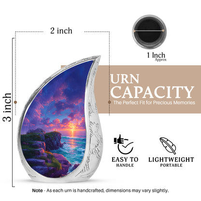Pastel Blue Cross Cremation Urn angled view of lid and engraved motif - flowing teardrop cross silhouette on curved aluminum - mini keepsake memorial for portion of cremation ashes