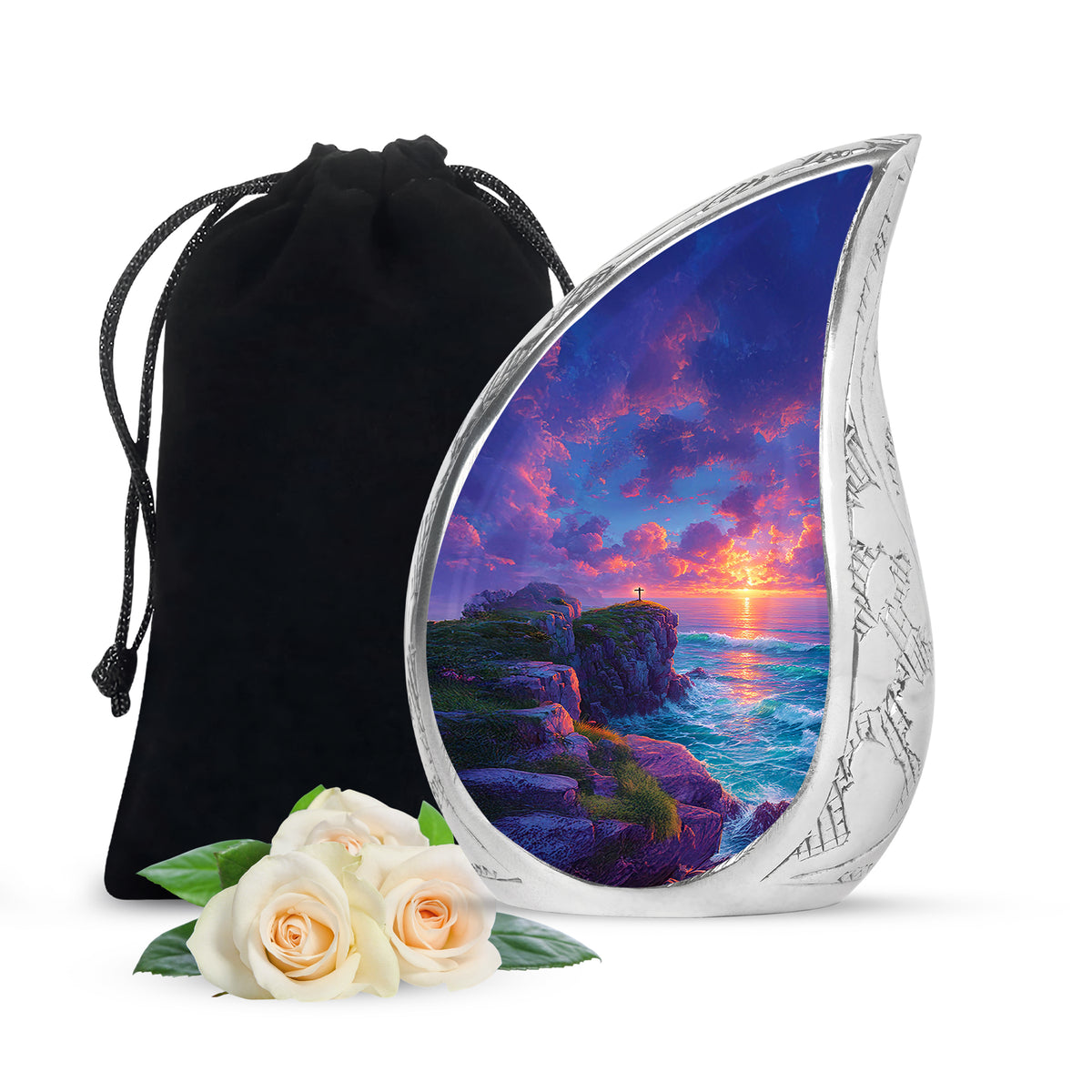 Powder Blue Cross Cremation Urn front view showing detailed design - flowing teardrop cross silhouette on curved aluminum - full-size 10 inch 200 cubic inch adult cremation urn