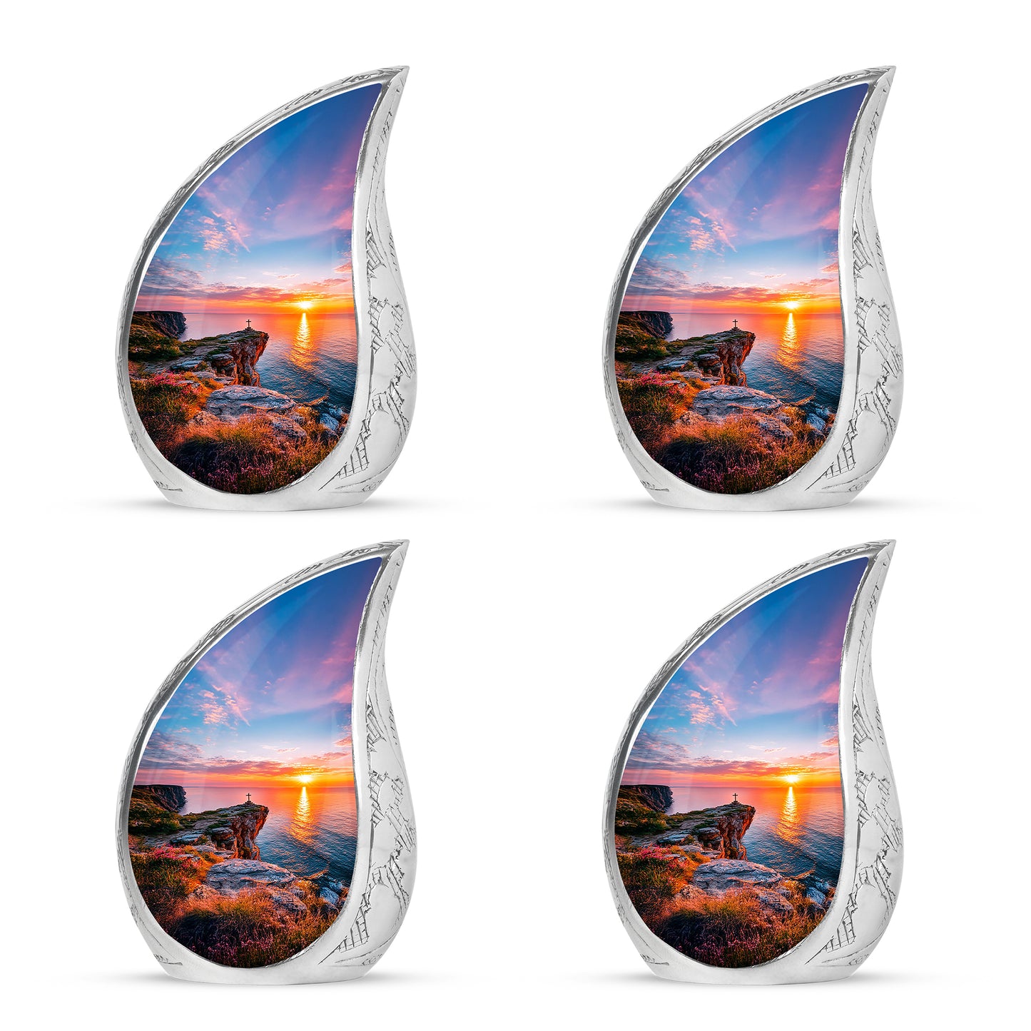 Platinum Silver Cross Cremation Urn close-up of engraving and surface detail - flowing teardrop cross silhouette on curved aluminum - 10 inch aluminum urn for cremated remains