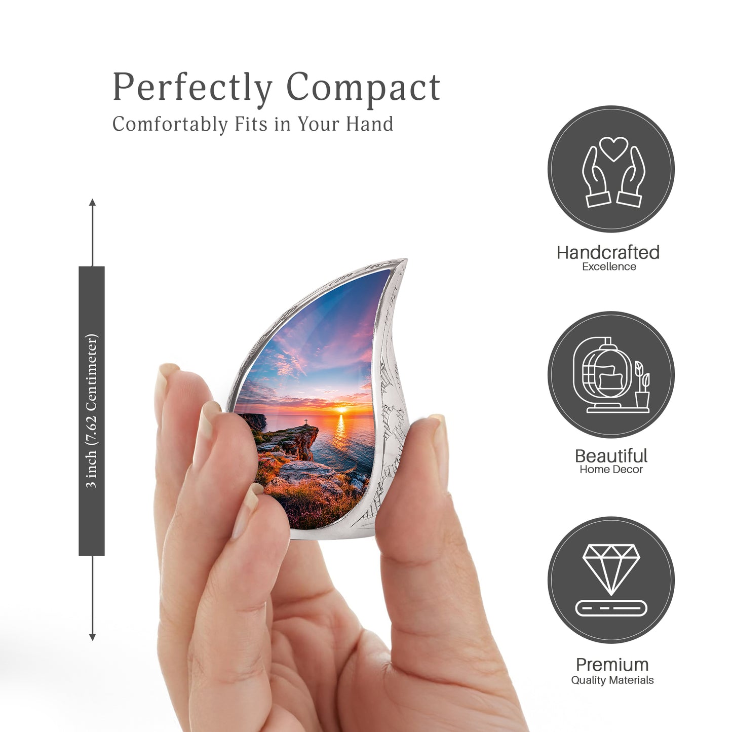 Sterling Silver Cross Cremation Urn angled view of lid and engraved motif - rounded teardrop cross design with delicate detail - mini keepsake memorial for portion of cremation ashes