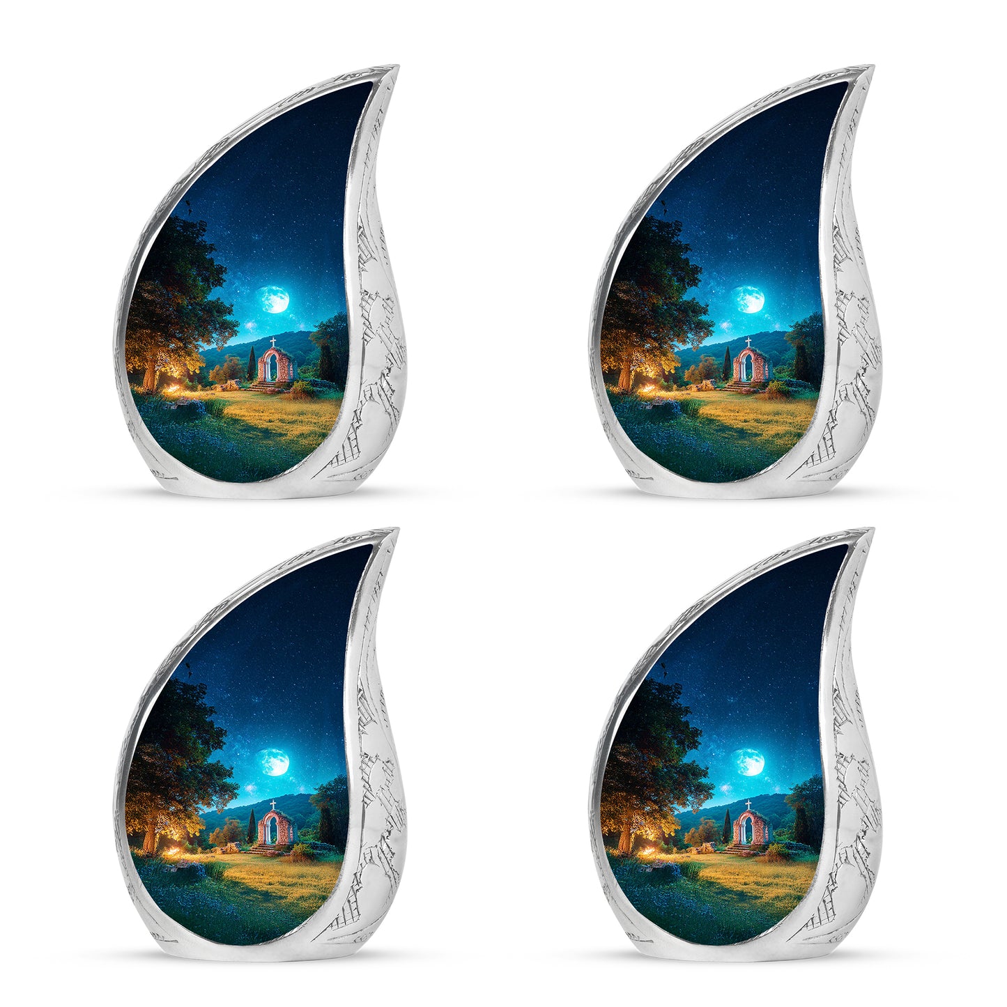 Cobalt Blue Cross Cremation Urn close-up of engraving and surface detail - smooth teardrop contour featuring cross art - 10 inch aluminum urn for cremated remains