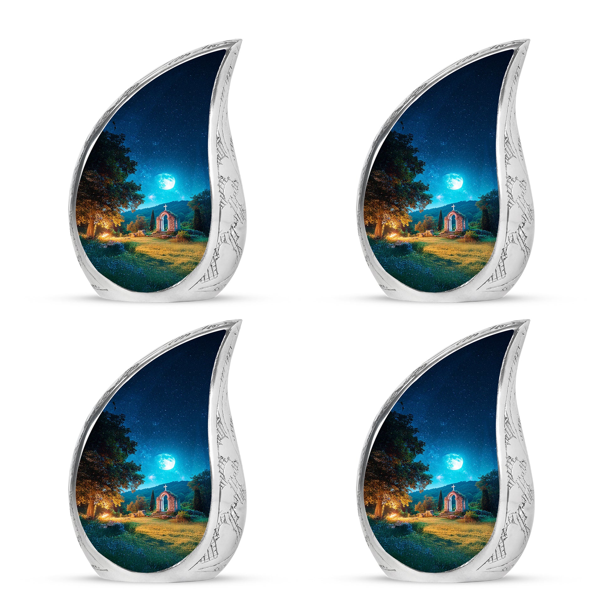 Cobalt Blue Cross Cremation Urn close-up of engraving and surface detail - smooth teardrop contour featuring cross art - 10 inch aluminum urn for cremated remains