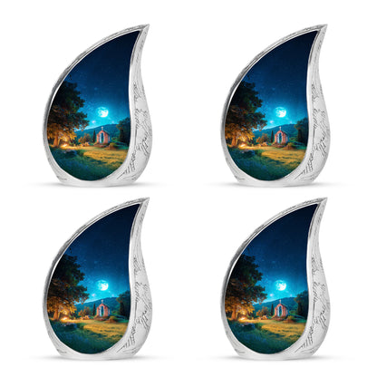 Cobalt Blue Cross Cremation Urn close-up of engraving and surface detail - smooth teardrop contour featuring cross art - 10 inch aluminum urn for cremated remains