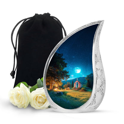 Soft Blue Cross Cremation Urn front view showing detailed design - graceful tear-shaped urn with cross motif - full-size 10 inch 200 cubic inch adult cremation urn