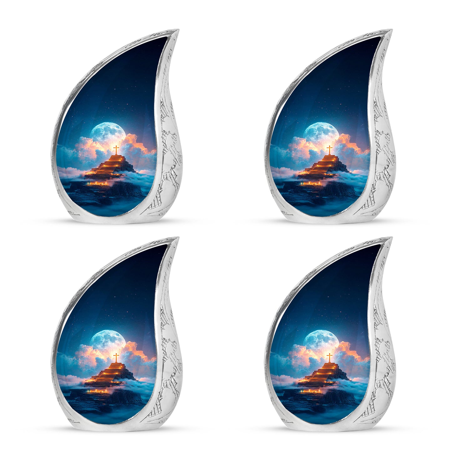 Calming Blue Cross Cremation Urn close-up of engraving and surface detail - graceful tear-shaped urn with cross motif - 10 inch aluminum urn for cremated remains