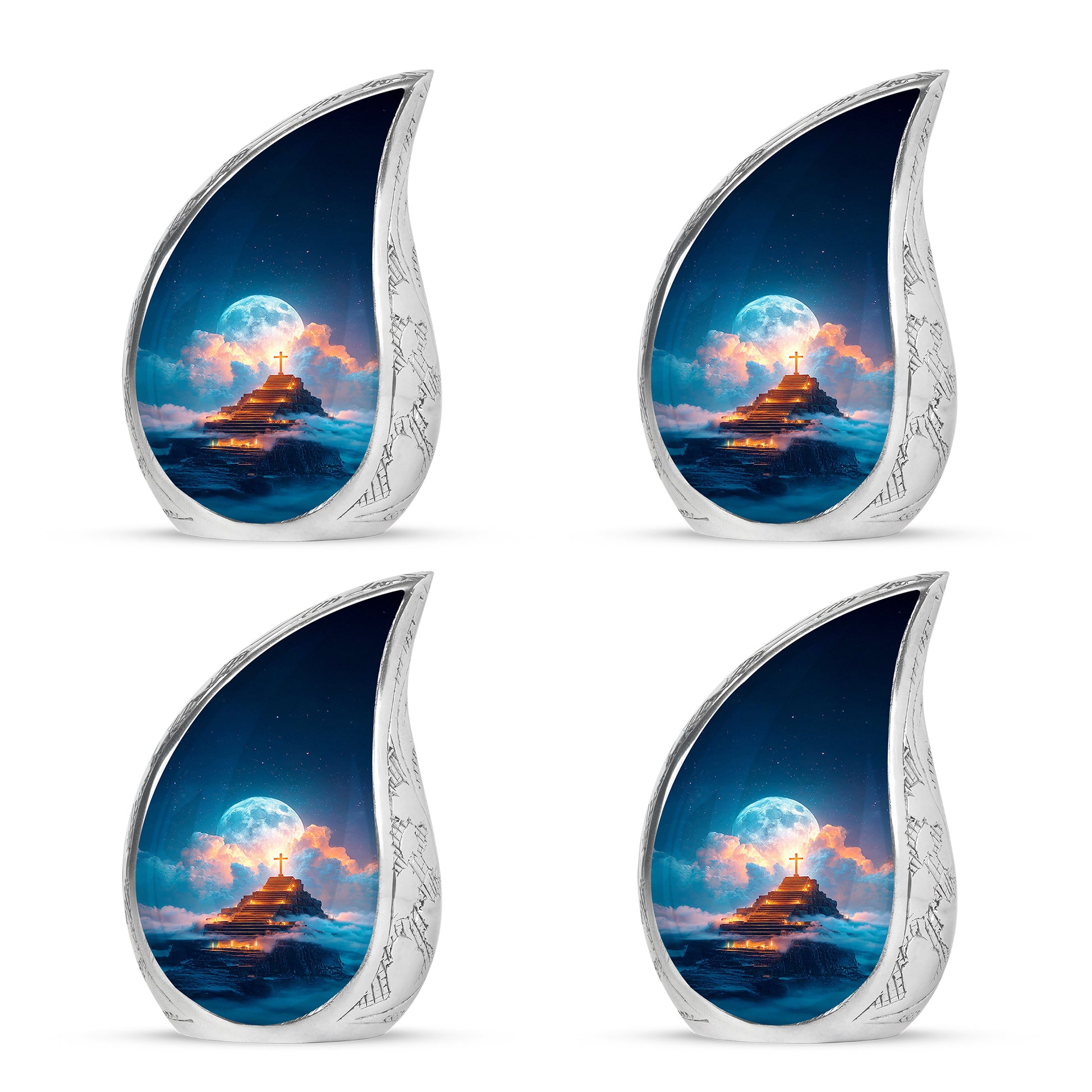 Calming Blue Cross Cremation Urn close-up of engraving and surface detail - graceful tear-shaped urn with cross motif - 10 inch aluminum urn for cremated remains