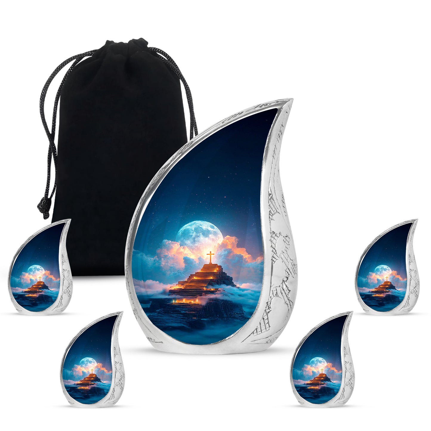 Azure Cross Cremation Urn side profile showing urn shape - flowing teardrop cross silhouette on curved aluminum - memorial set with one large and four small urns