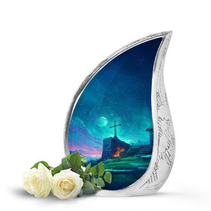 Personalized Blue Steadfast Cross Cremation Urns for Human Ashes - 10-inch, 200 cu in - Yatskia