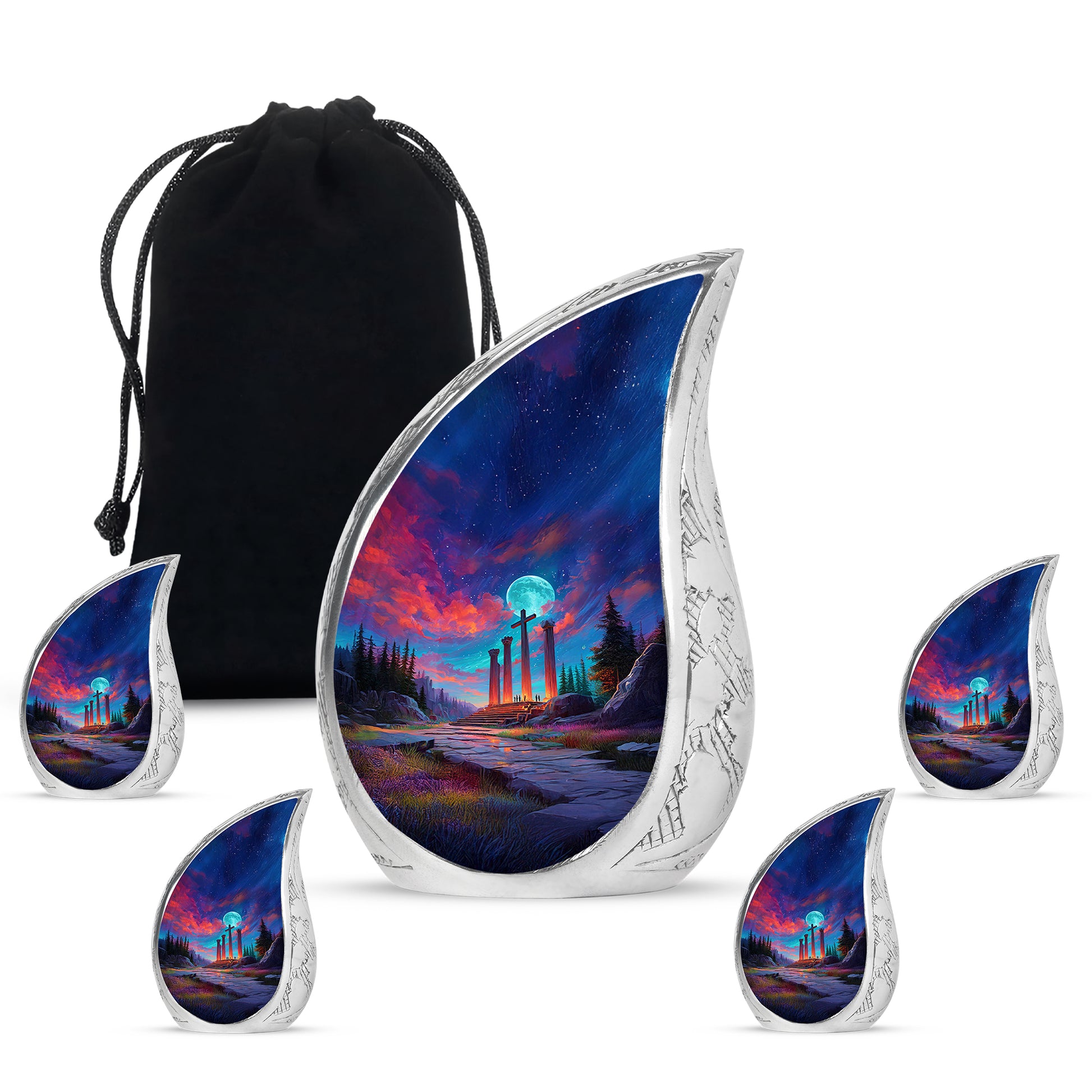 Celestial Blue Cross Cremation Urn side profile showing urn shape - flowing teardrop cross silhouette on curved aluminum - memorial set with one large and four small urns
