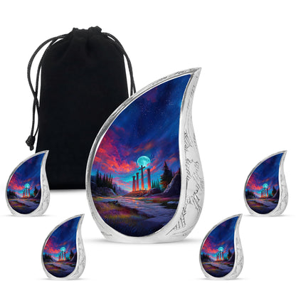 Celestial Blue Cross Cremation Urn side profile showing urn shape - flowing teardrop cross silhouette on curved aluminum - memorial set with one large and four small urns