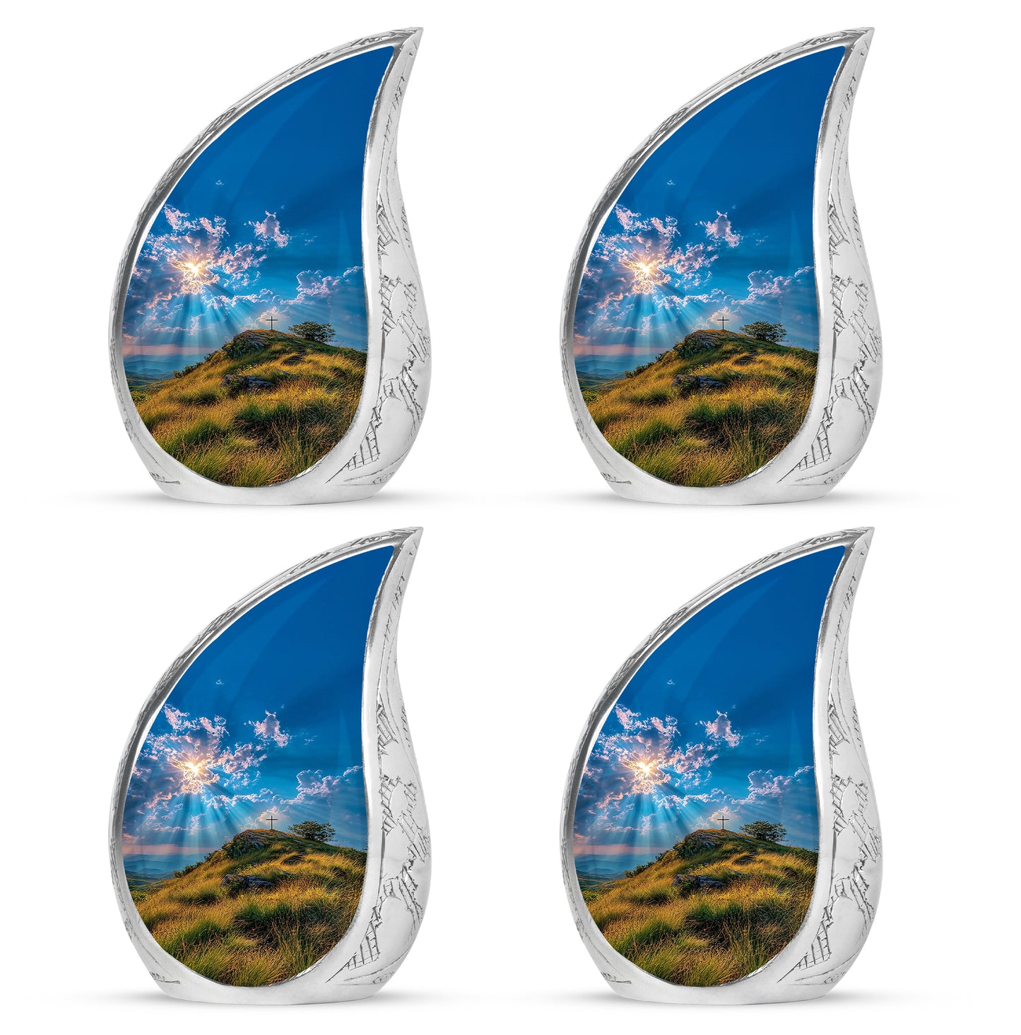 Cornflower Blue Cross Cremation Urn close-up of engraving and surface detail - smooth teardrop contour featuring cross art - 10 inch aluminum urn for cremated remains