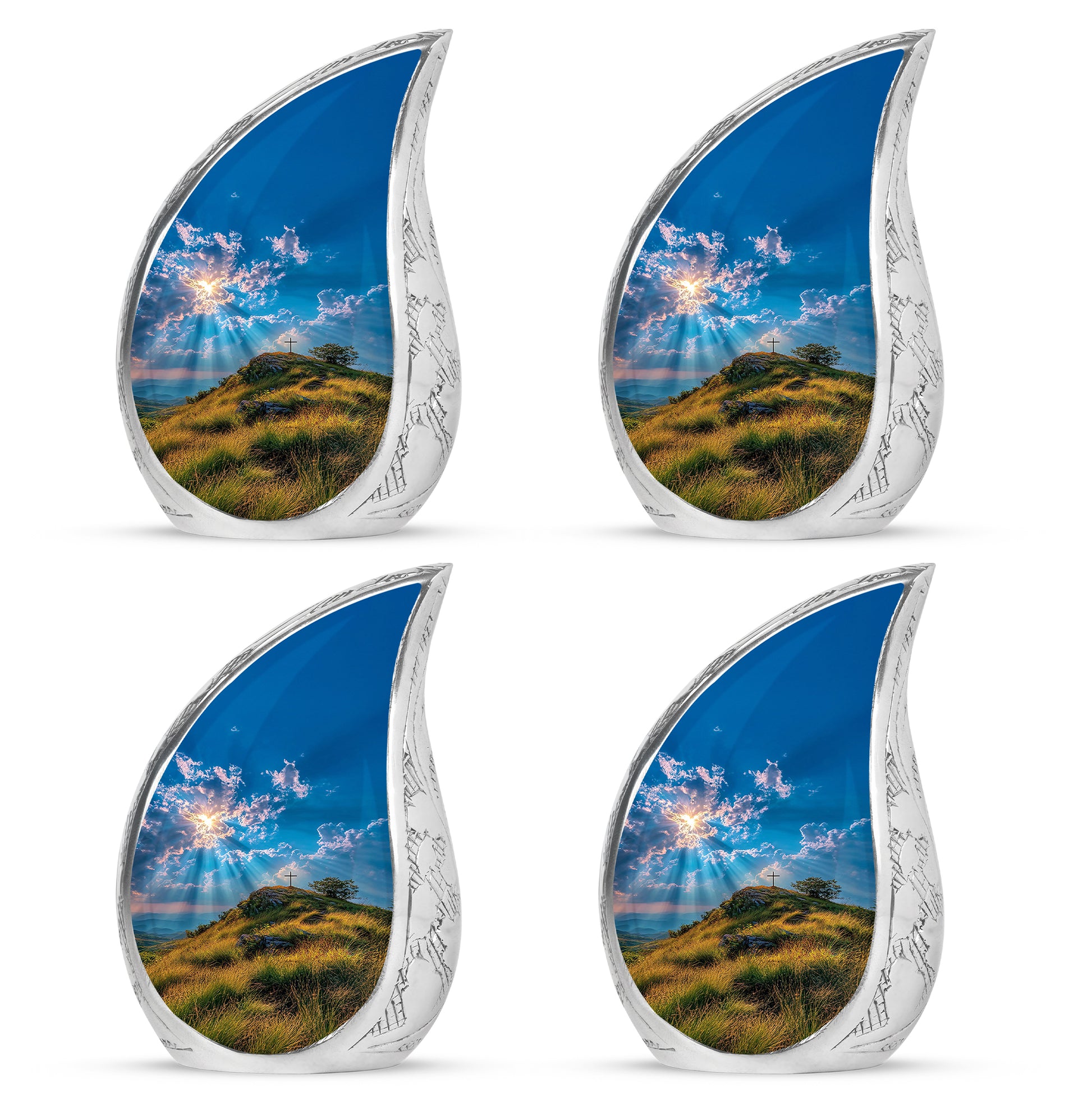 Cornflower Blue Cross Cremation Urn close-up of engraving and surface detail - smooth teardrop contour featuring cross art - 10 inch aluminum urn for cremated remains