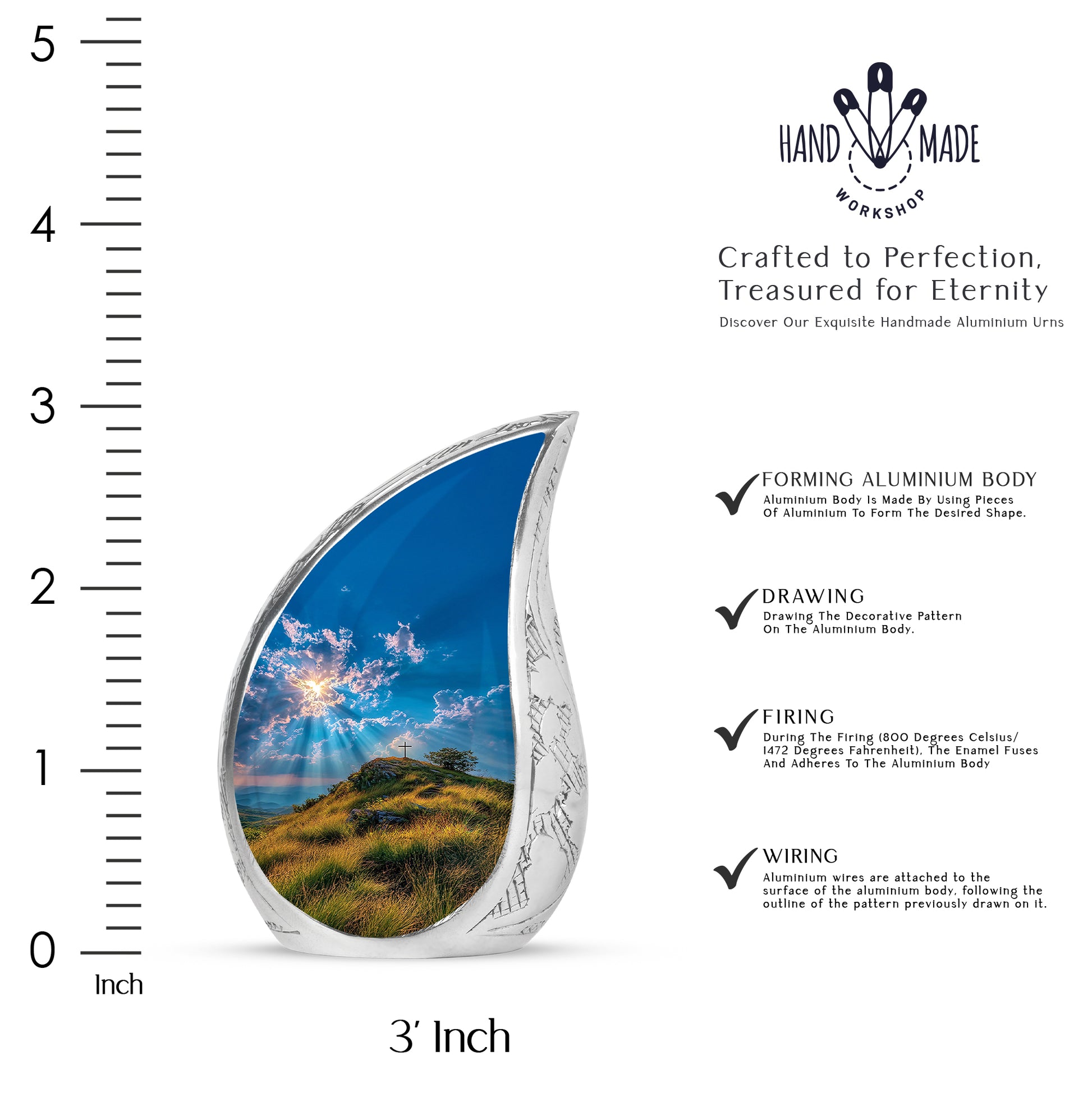 Soft Blue Cross Cremation Urn angled view of lid and engraved motif - graceful tear-shaped urn with cross motif - mini keepsake memorial for portion of cremation ashes