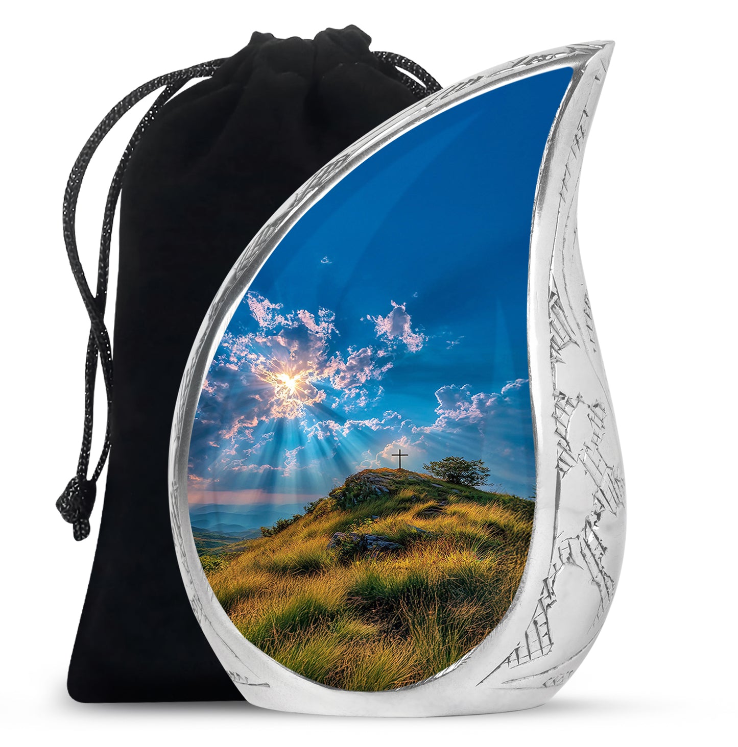 Sapphire Blue Cross Cremation Urn front view showing detailed design - smooth teardrop contour featuring cross art - full-size 10 inch 200 cubic inch adult cremation urn
