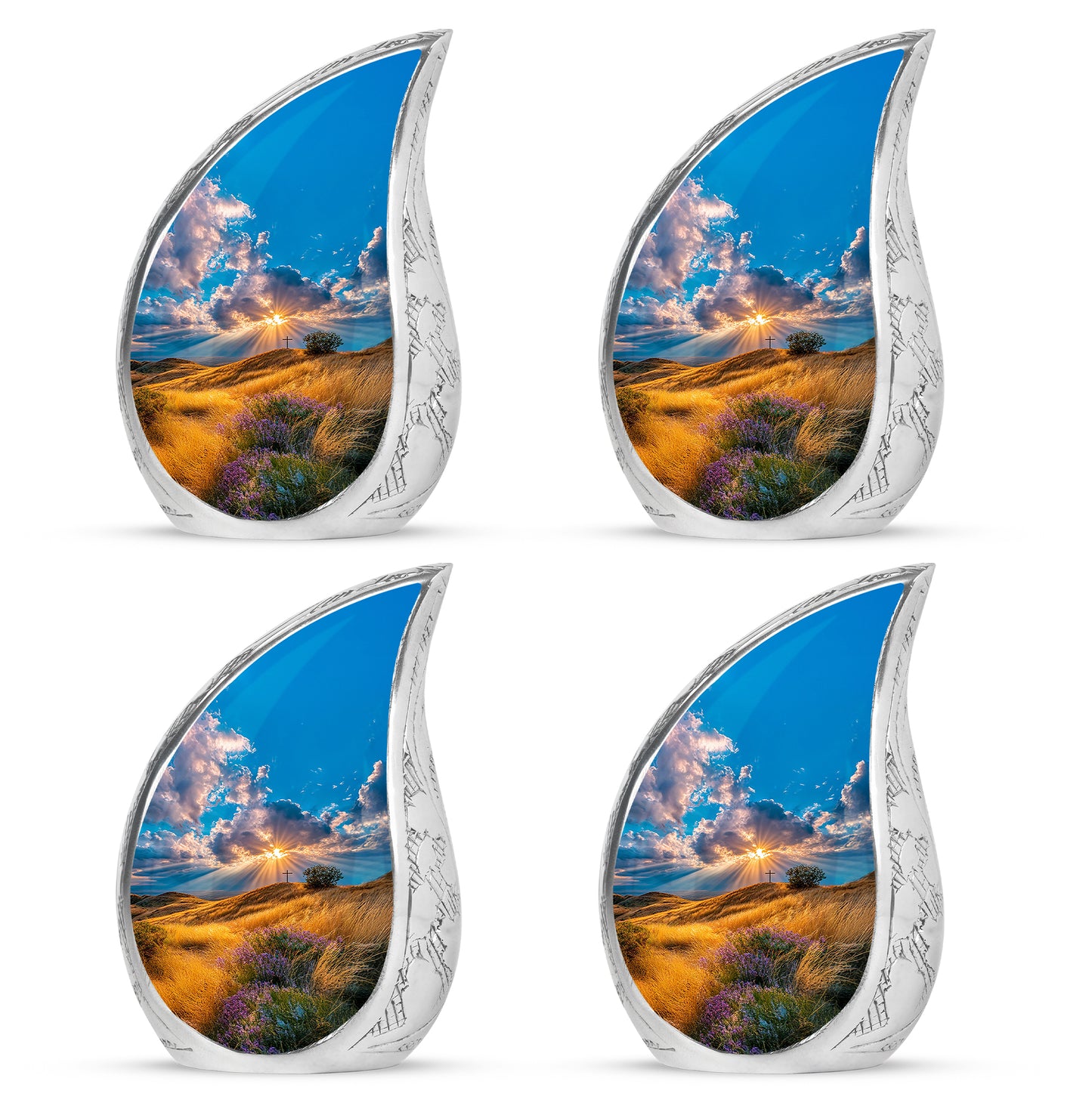 Vivid Blue Cross Cremation Urn close-up of engraving and surface detail - smooth teardrop contour featuring cross art - 10 inch aluminum urn for cremated remains