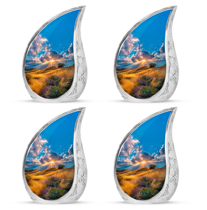Vivid Blue Cross Cremation Urn close-up of engraving and surface detail - smooth teardrop contour featuring cross art - 10 inch aluminum urn for cremated remains