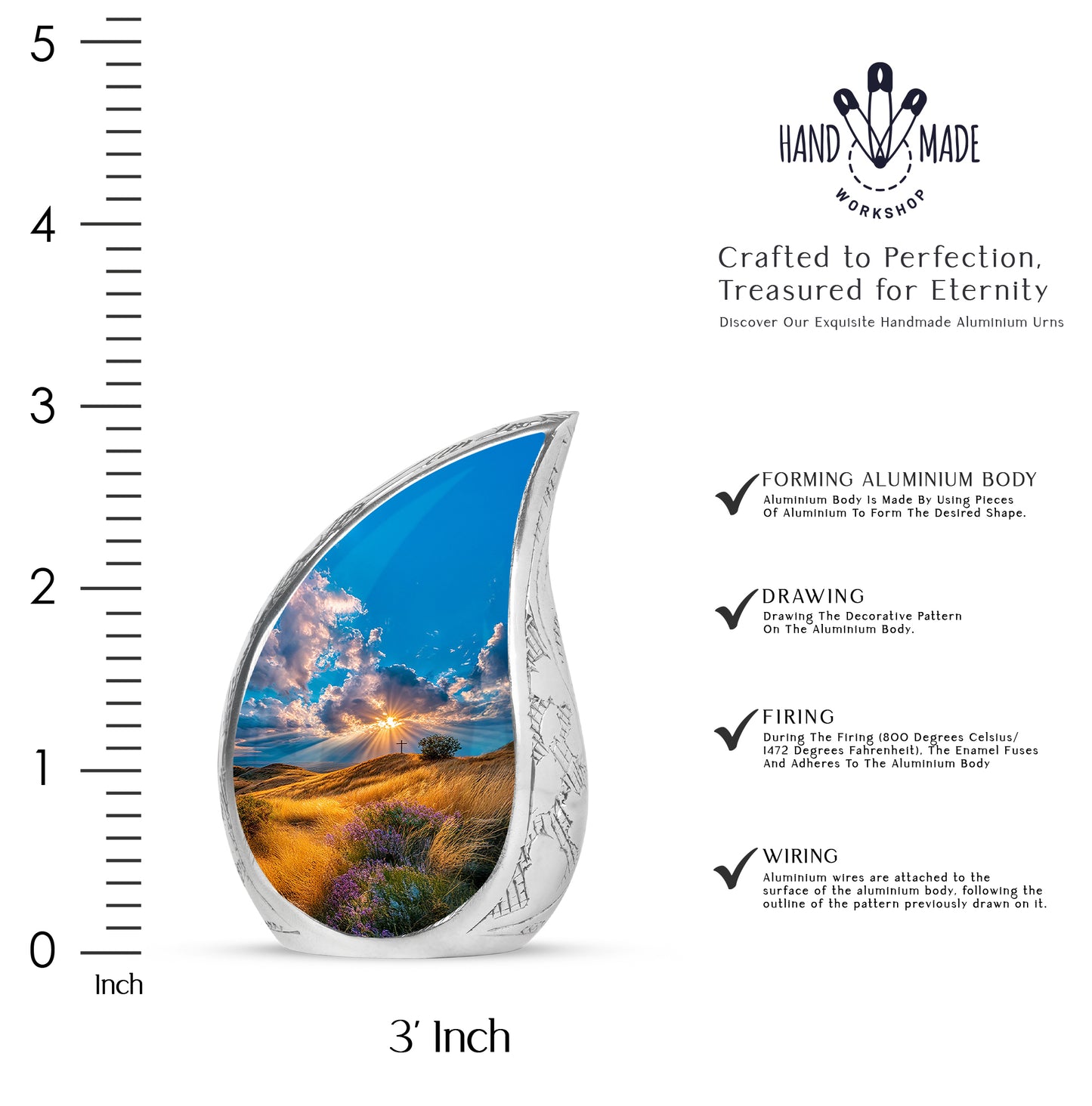 Twilight Blue Cross Cremation Urn angled view of lid and engraved motif - smooth teardrop contour featuring cross art - mini keepsake memorial for portion of cremation ashes